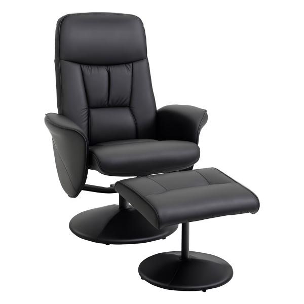 Poltrona Relax com Apoio para os Pés Estofada em PU Poltrona Relax Reclinável até 145° e Giratório 360° com Encosto Ajustável para Sala de Estar Dormitório Escritório 81x81x105cm Preto