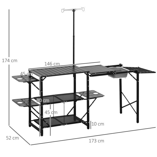 Mesa de Campismo de 3 Níveis Dobrável com Prateleiras de Armazenamento Suporte para Candeeiro e Bolsa de Transporte 173x52x80 - 174 cm Preto