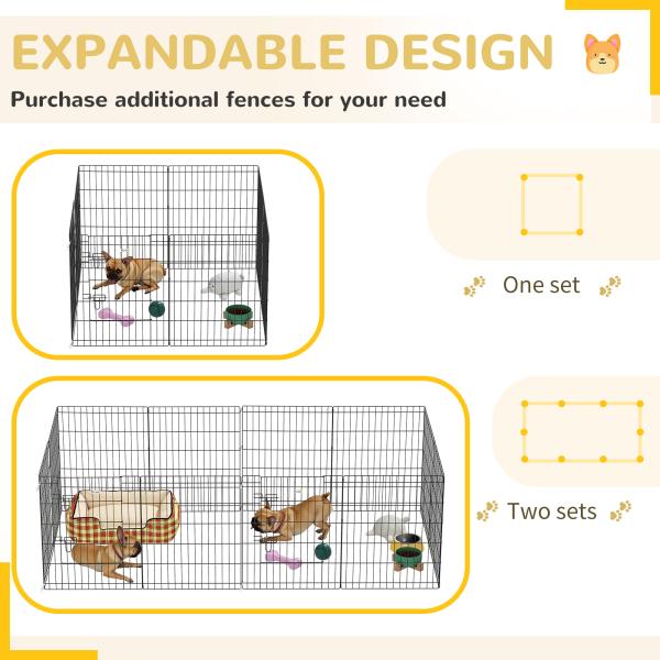 Parque para Cães 8 Painéis Dobráveis Gaiola Metálica para Animais de Estimação com Porta e Dupla Fechadura 76x61cm Preto