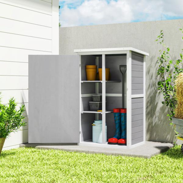 Armário de Jardim de Madeira 75x56x115cm para Ferramentas com 3 Prateleiras Interiores Porta com Trava e Teto Asfáltico Cinza