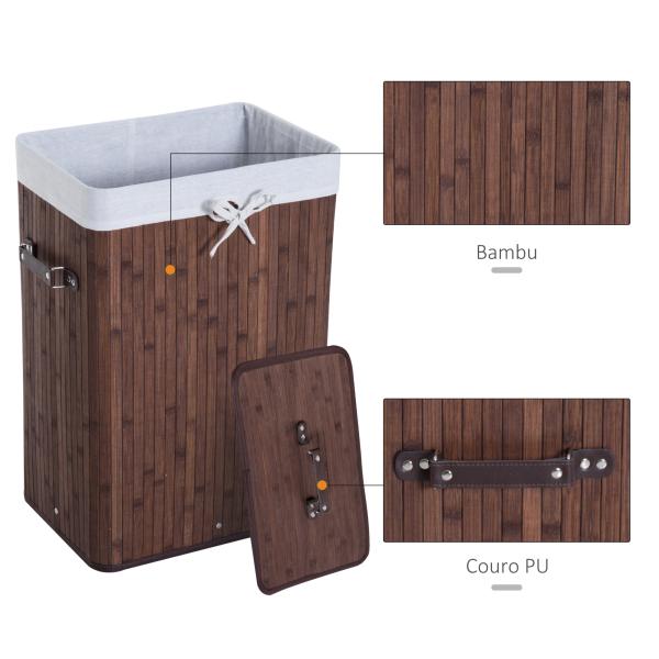 Cesto de Roupa de Bambu Dobrável Cesto para Roupa Suja 70L com Tampa e Bolsa Amovível 40x30x60 cm Bambu