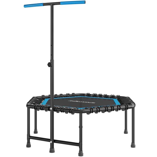 Trampolim Fitness 114x114x132 cm com Guiador Ajustável em 3 Níveis Estrutura de Aço para Treino de Perna Corpo Azul