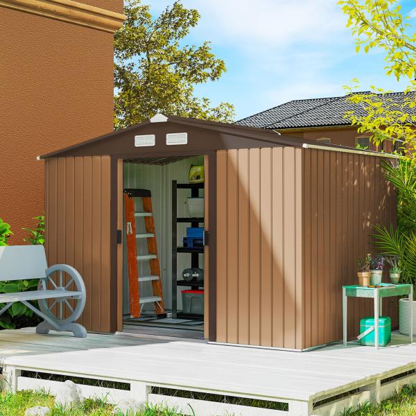 Abrigo de Jardim Exterior 4,83 m² 277x195x192 cm Abrigo e Jardim Metálico para Armazenamento de Ferramentas com Base Incluída e 4 Janelas Castanho