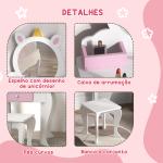 Toucador Infantil com Banco e Espelho Toucador de Maquilhagem com Gaveta Compartimentos Desenho de Unicórnio Branco