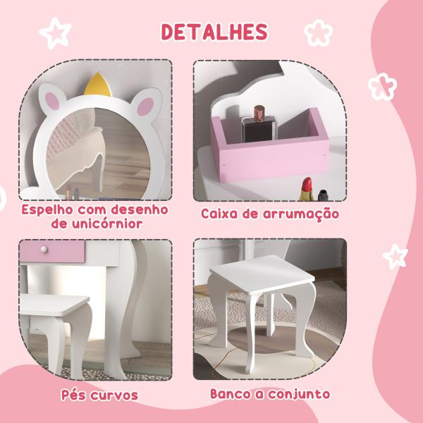 Toucador Infantil com Banco e Espelho Toucador de Maquilhagem com Gaveta Compartimentos Desenho de Unicórnio Branco