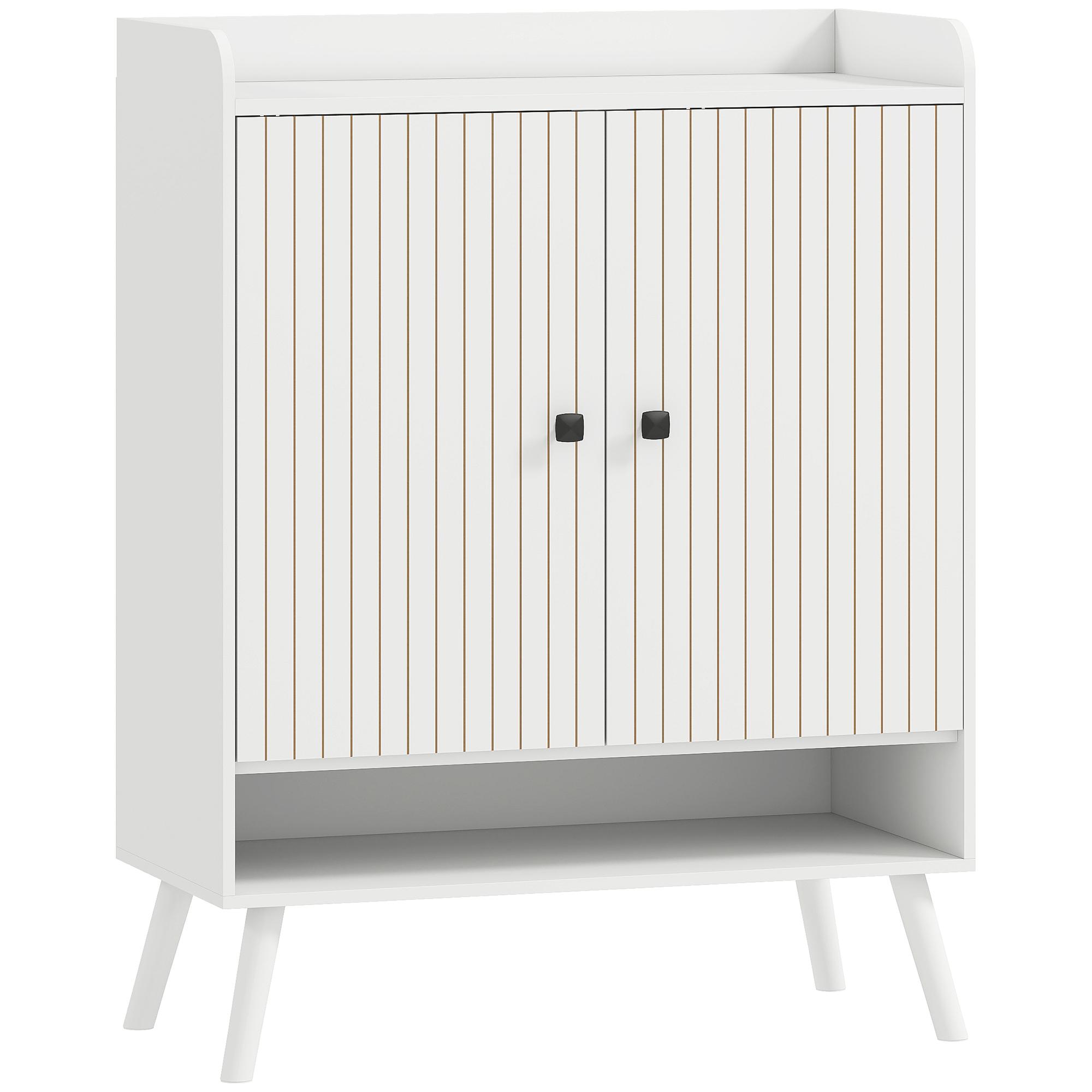 Sapateira de 2 Portas em Ripas Sapateira para Entrada com Prateleiras Ajustáveis Compartimento Aberto para 15 Pares de Sapatos 75x35x97 cm Branco