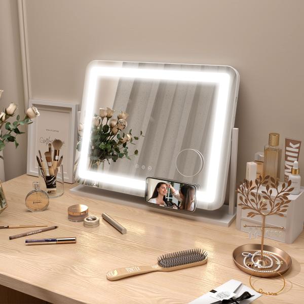 Espelho de Maquilhagem com Luzes 3 Modos de Iluminação Suporte para Telemóvel e Entrada USB 62,5x14x49,5 cm Branco