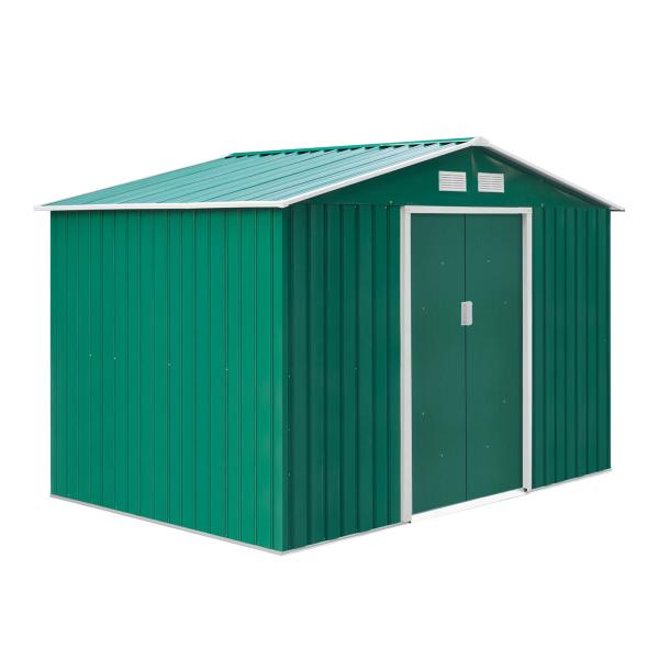 Abrigo de Jardim Exterior 4,83m² 277x195x192cm Abrigo e Jardim Metálico para Armazenamento de Ferramentas com Base Incluída e 4 Janelas Verde Escuro