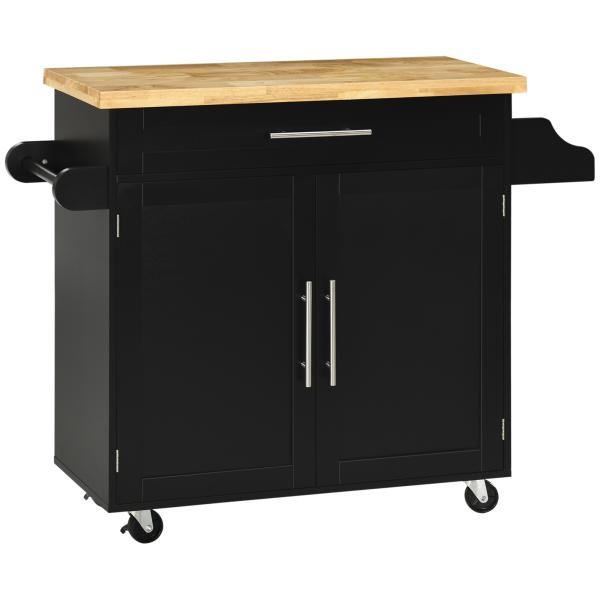 Ilha de Cozinha com Armário Portas e Prateleira Interior Ajustável Gaveta Barra e Suporte para Temperos Móvel Aparador Auxiliar com Rodas para Sala de Jantar 109x40x89cm Preto