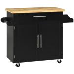 Ilha de Cozinha com Armário Portas e Prateleira Interior Ajustável Gaveta Barra e Suporte para Temperos Móvel Aparador Auxiliar com Rodas para Sala de Jantar 109x40x89cm Preto
