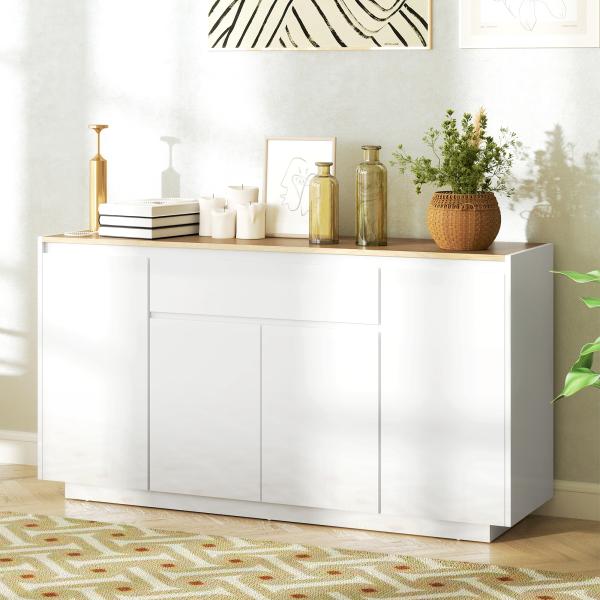 Aparador de Sala de Estar com 4 Portas Gaveta e Prateleiras Ajustáveis 140x40x75 cm Madeira e Branco Brilhante