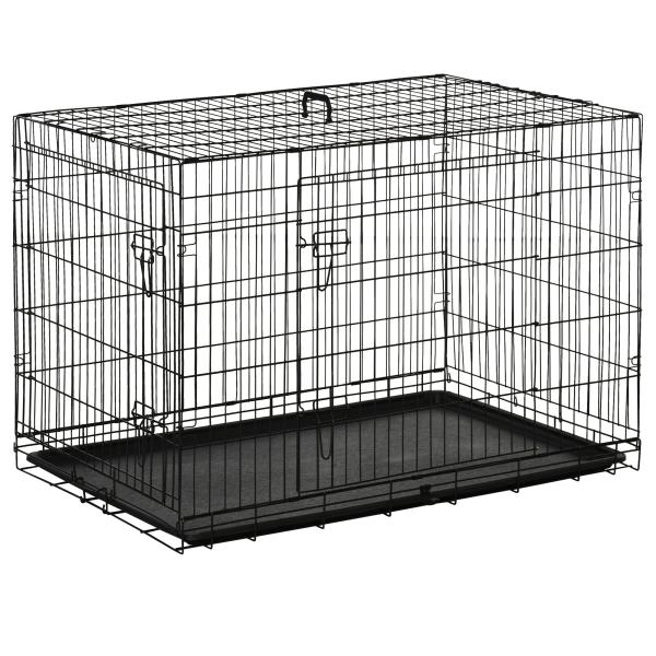 Gaiola para Cães Pequenos Gaiola para Animal de Estimação Dobrável com 2 Portas Alça de Transporte Bandeja Removível Aço 106x71x76cm Preto