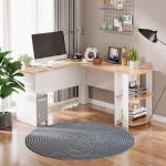 Secretária de Canto 136x130x72 cm com Prateleiras Mesa de Computador em Forma de L para Escritório Casa Branco e Madeira