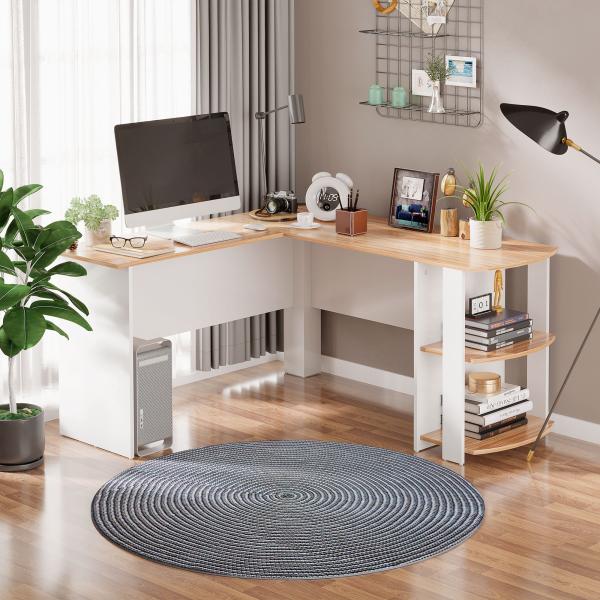 Secretária de Canto 136x130x72 cm com Prateleiras Mesa de Computador em Forma de L para Escritório Casa Branco e Madeira