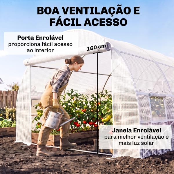 Cobertura de Estufa de Túnel 6x3x2m Cobertura de Substituição de Estufa com 12 Janelas e Portas Enroláveis Branco