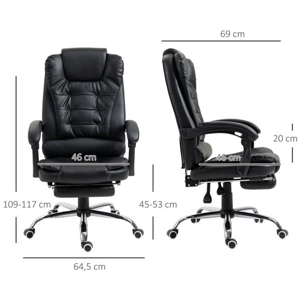 Cadeira de Escritório Reclinável Cadeira Executiva Giratória com Altura Ajustável Estofada em PU 64,5x69x109 - 117 cm Preto