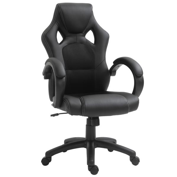 Cadeira de Escritório Ergonómica Cadeira de Escritório Giratória com Altura Ajustável Encosto Alto Estofado em Couro PU e Malha Transpirável 71x61x108 - 118cm Preto