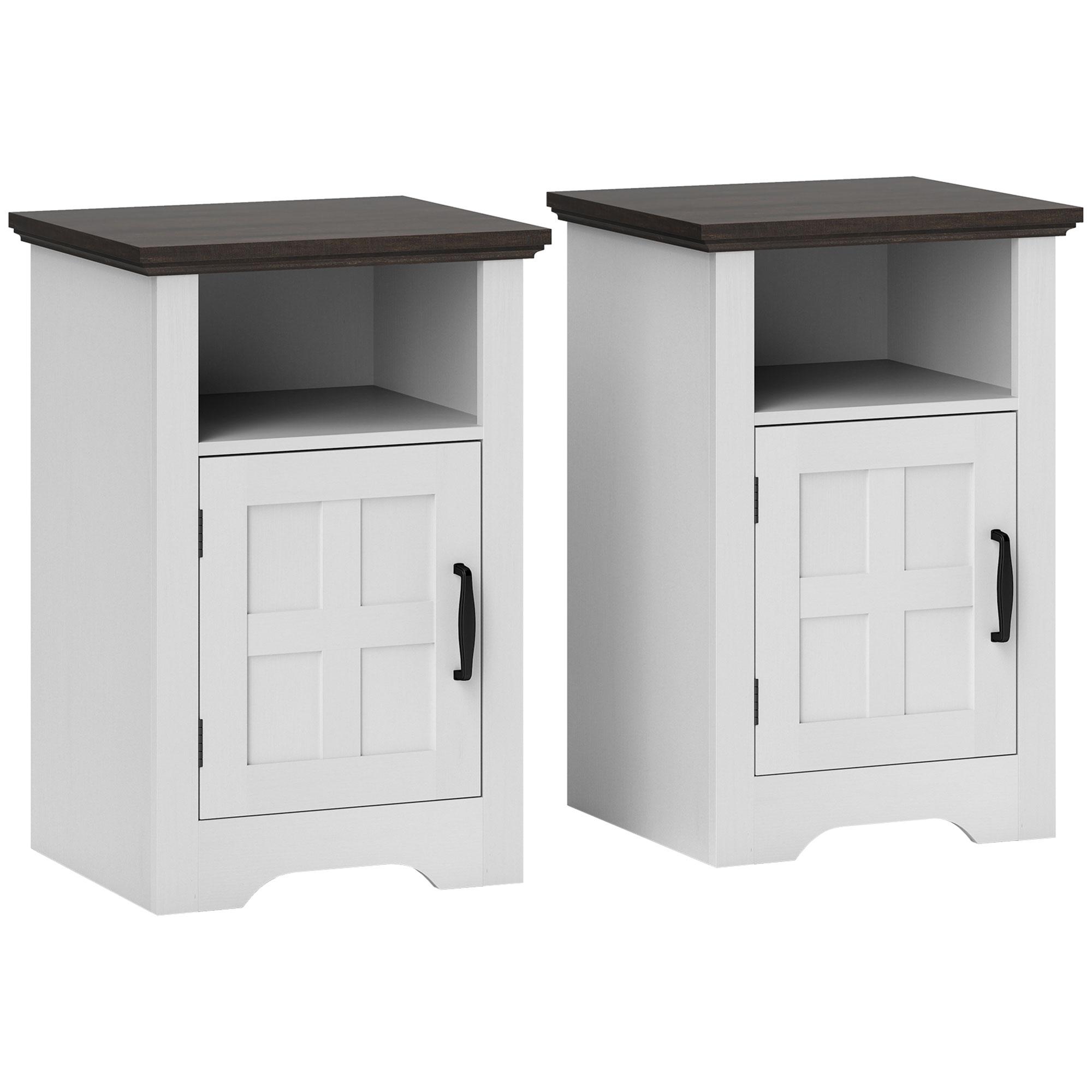 Conjunto de 2 Mesas Auxiliares para Sala Mesas de Cabeceira com Porta Estilo Celeiro e Prateleira Aberta 40x35x60 cm Branco