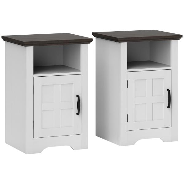 Conjunto de 2 Mesas Auxiliares para Sala Mesas de Cabeceira com Porta Estilo Celeiro e Prateleira Aberta 40x35x60 cm Branco