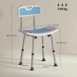 Cadeira de Duche para Idosos com Encosto e Altura Ajustável em 6 Níveis, Carga Máxima de 136 kg Azul Claro e Branco