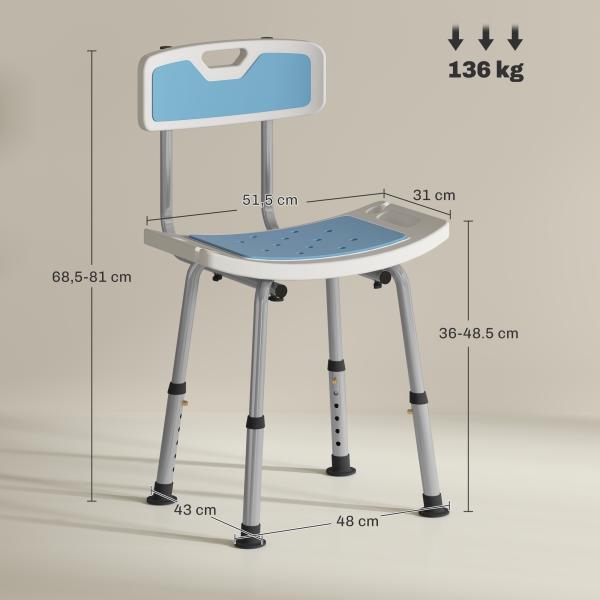 Cadeira de Duche para Idosos com Encosto e Altura Ajustável em 6 Níveis, Carga Máxima de 136 kg Azul Claro e Branco