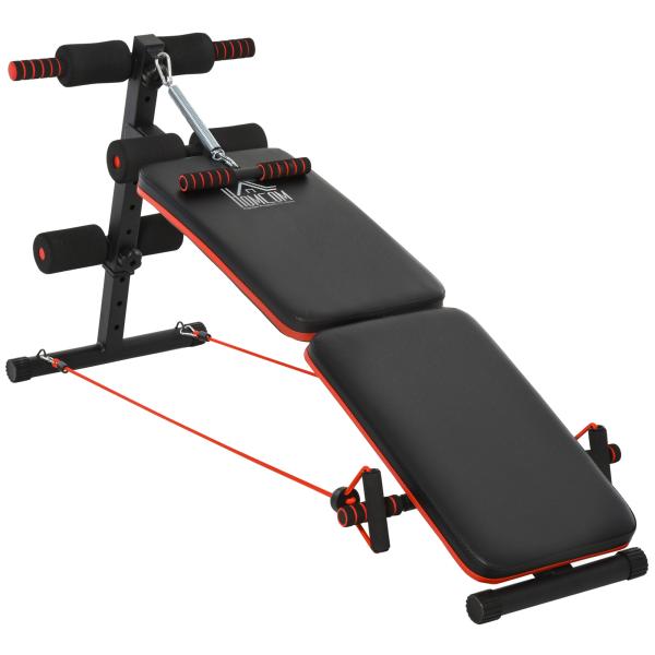Banco de Abdominais Dobrável Ajustável em Altura com Cordas Elásticas 137x51x50 - 66 cm Preto e Vermelho