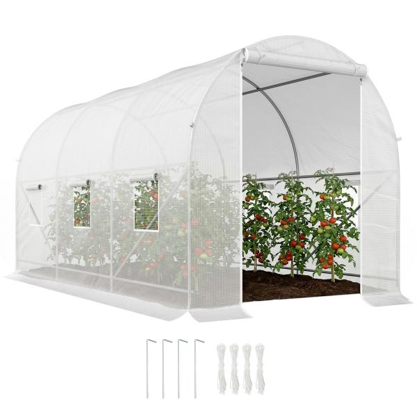 Estufa Tipo Túnel 350x200x200 cm com Portas Enroláveis e 6 Janelas Cobertura de PE Estrutura de Metal Branco