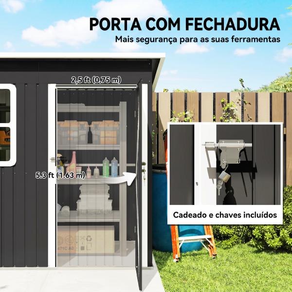 Abrigo de Jardim Exterior 2,55 m² 221x133x190 cm com Janela Porta com Fechadura e Ventilações Cinzento Escuro