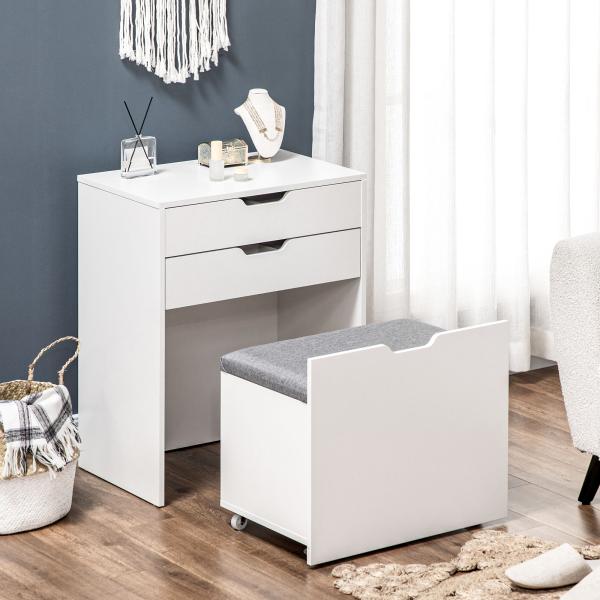 Toucador com Banco Oculto e Espelho Rebatível Mesa de Maquilhagem com Gaveta e 7 Compartimentos Banco Acolchoado Branco