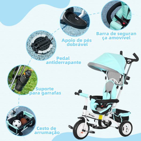 Triciclo Evolutivo para Bebés de +12 Meses 2 em 1 com Toldo Dobrável Guiador Cinto de Segurança e Cesto 95x50x106 cm Verde Mint