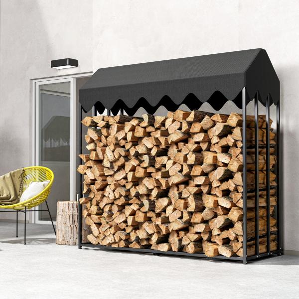 Suporte de Lenha Metálico para Exterior com Cobertura Impermeável, 186x70x185 cm, Preto