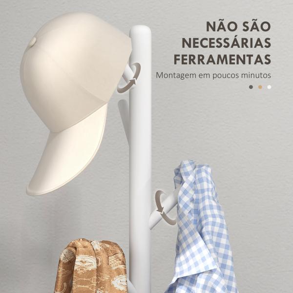 Cabide de Pé de Madeira com 8 Ganchos para Pendurar Roupa e Bolsas para Corredor Entrada 40x40x165 cm Branco