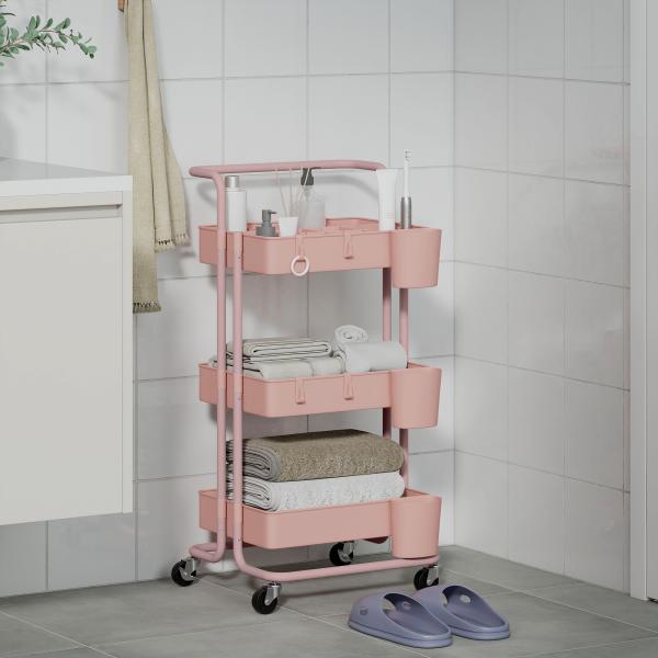 Carrinho de Cozinha Carrinho de Armazenamento com 4 Ganchos 3 Cestas Removíveis 3 Caixas Suspensas 42x38x86,5 cm Rosa
