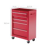 Carrinho de Ferramentas para Oficina com Rodas e 5 Gavetas Fechadura e Alça Lateral 61,5x33x85 cm Vermelho