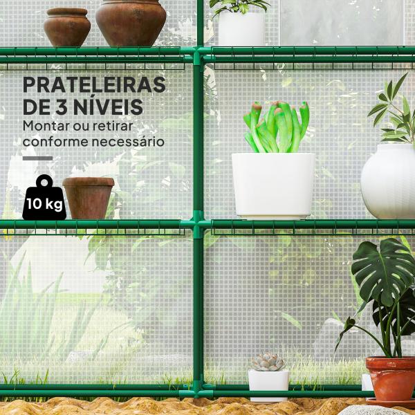 Estufa de Jardim de 3 Níveis com 12 Prateleiras Porta Enrolável Janelas Anti - UV Cobertura de PE 140x213x190 cm Branco