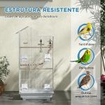 Gaiola para Passáros de Metal com Portas 4 Comedouros 3 Poleiros Baloiço Escadas e Bandeja Removível 46x36x100 cm Branco