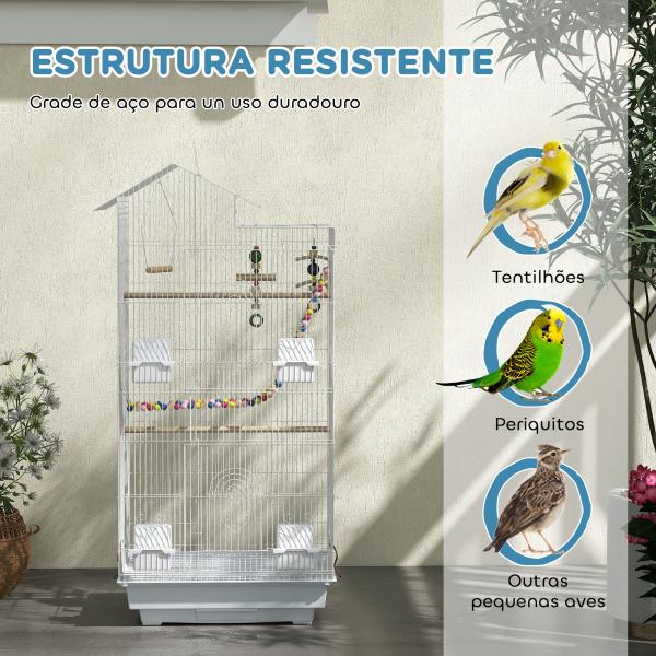 Gaiola para Passáros de Metal com Portas 4 Comedouros 3 Poleiros Baloiço Escadas e Bandeja Removível 46x36x100 cm Branco