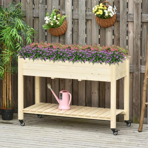 Horta Vertical Mesa de Cultivo Elevada com Prateleira Tecido Geotextil Rodas com Freios Portátil para Jardim Terraço 118x55x83cm Madeira Natural
