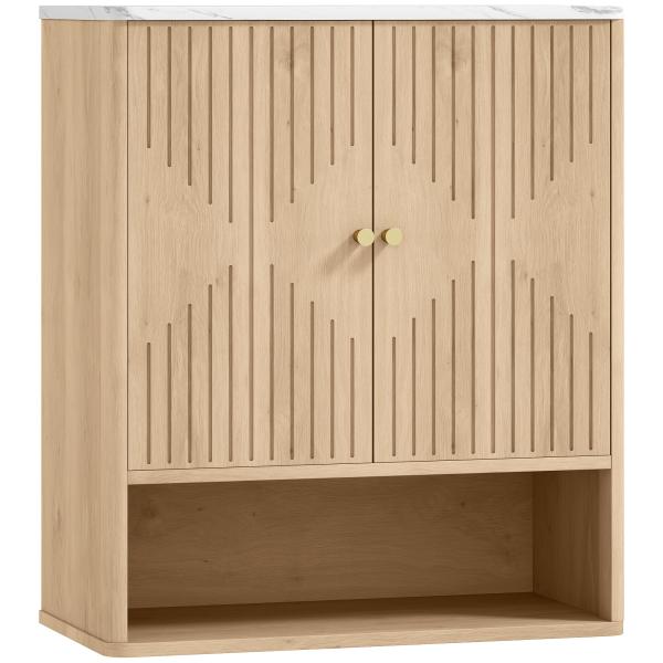 Armário de Parede para Casa de Banho com Portas em Ampulheta, Prateleira Ajustável e Aberta, 60x18x70 cm, Carvalho