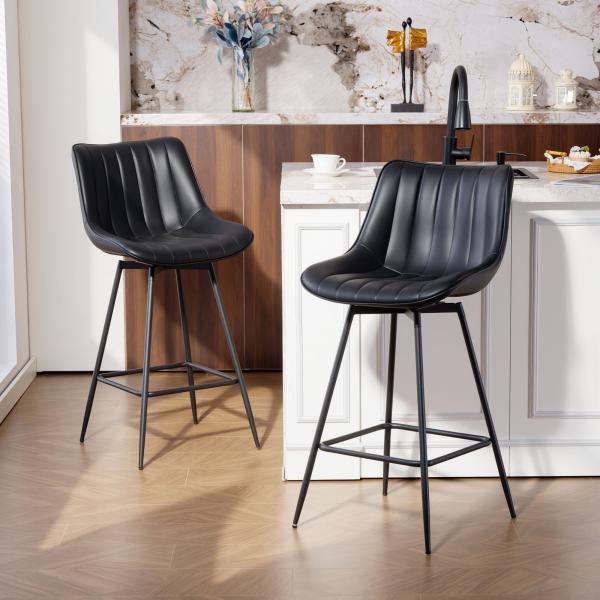 Conjunto de 2 Bancos de Bar Giratórios com Encosto Curvado e Apoio para os Pés Estofados em PU 47x54,5x97,5 cm Preto