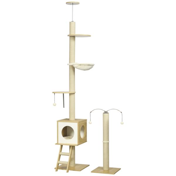 Árvore para Gatos do Chão ao Teto 220 - 260cm com Altura Ajustável Plataformas Rede Caverna Poste de Juta 40x40225 - 285cm Bege