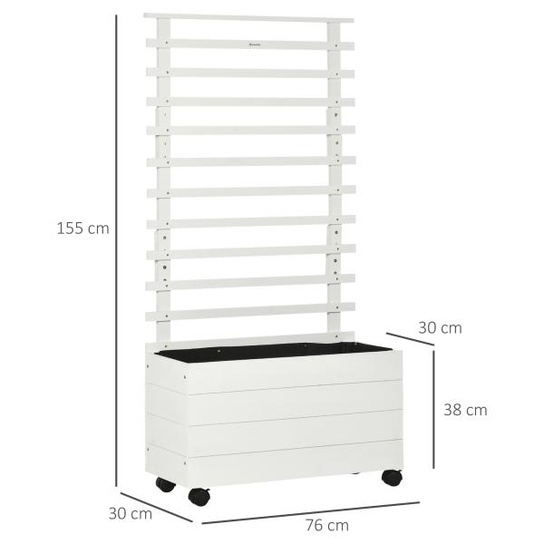 Floreira com Treliça de Madeira Maciça com 4 Rodas e Malha Geotêxtil para Cultivos de Plantas Flores 76x30x155 cm Branco