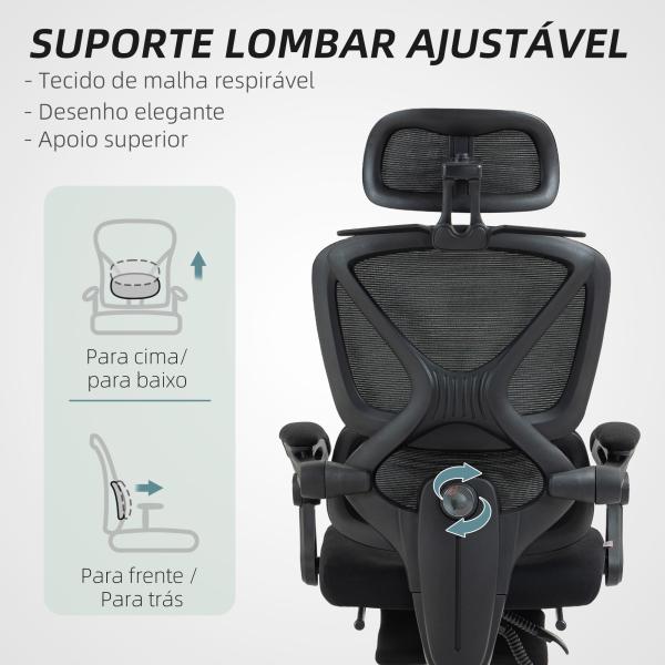 Cadeira de Escritório de Malha com Apoio para a Cabeça Suporte Lombar Apoio para os Pés Função de Inclinação 71x70x109 - 119 cm Preto