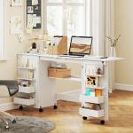 Mesa de Costura Dobrável com 6 Rodas Móvel para Máquina de Costura com 20 Pinos para Fios 4 Compartimentos 160x40x81,5 cm Branco