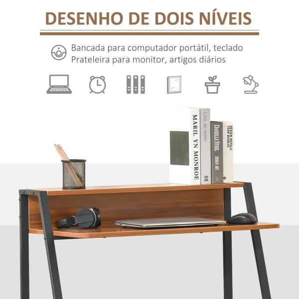 Secretária Mesa de Computador 84x45x85cm com Bancada de Madeira e Pés de Metal Estilo Moderno para Escritório Estúdio Dormitório Carga Máxima 20kg Nogueira e Preto