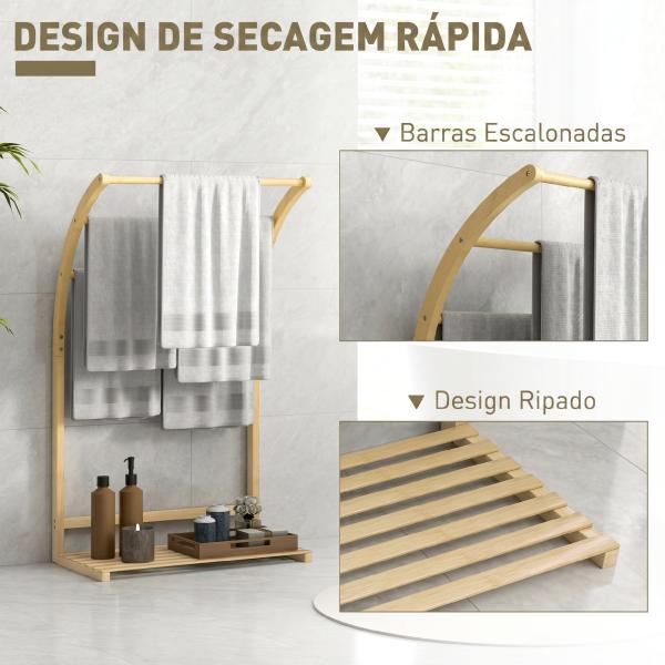 Toalheiro de Pé em Bambu com 3 Barras e Prateleira de Arrumação para Casa de Banho e Lavandaria 50x29x84 cm Natural