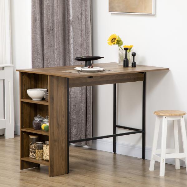 Mesa de Bar Extensível Mesa de Bistrô com 3 Prateleiras de Armazenamento e Estrutura de Metal 120x76x91,4cm Marrom