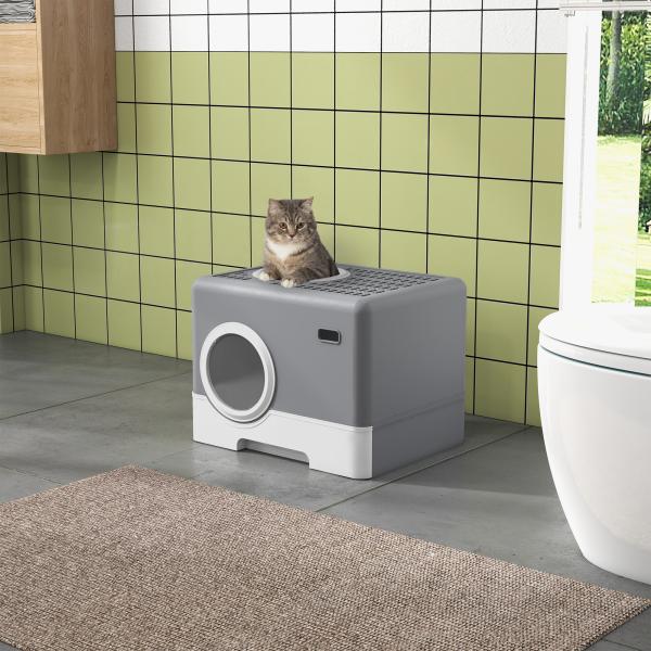 Caixa de Areia para Gatos com Pá Bandeja Removível 2 Portas Entrada Frontal e Saída Superior 52x41x38,5 cm Cinzento