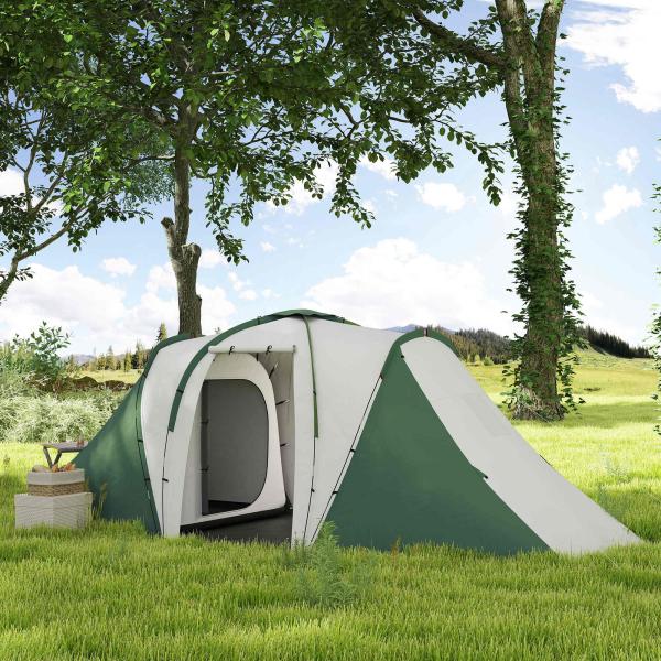 Tenda de Campismo Familiar para 4 - 6 Pessoas com 2 Dormitórios Impermeável 3000 mm com Bolsa 555x225x190 cm Cinza e Verde