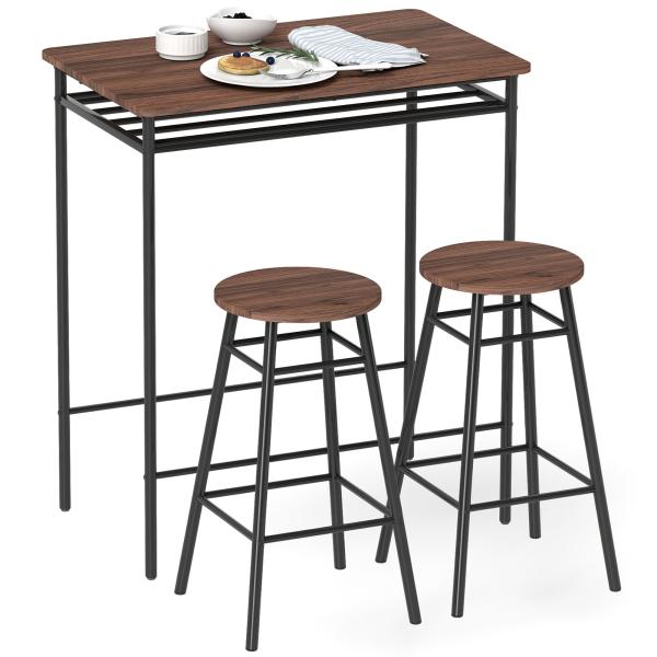 Mesa Alta de Cozinha com 2 Bancos EstiIo Industrial Prateleira Aberta Apoio para Pés para Espaços Reduzidos Castanho